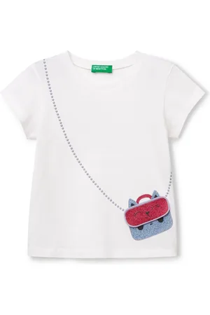 Benetton Girls Printed Applique 100% Cotton White T-Shirt104110cm