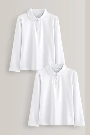 Next Cotton stretch Long Sleeve Frill Collar School Polo Tops 2 Pack (3-14yrs)10 år (140cm)