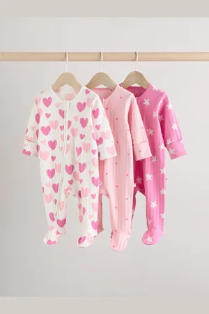 Next Baby Pink Heart Printed 100% Cotton Sleepsuit 3 Pack (0mths-2yrs) (0mths-2yrs)1.5 - 2 år (86 - 92cm)