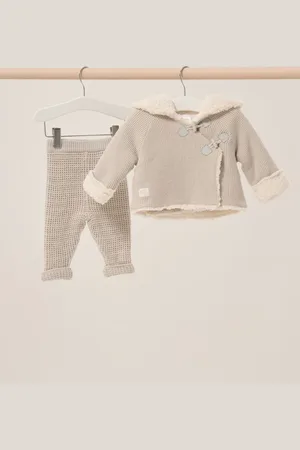 Rock-a-bye Baby Boutique Grey 100% Cotton True Knit Cardigan with Sherpa Lining and Double Knit Trousers Outfit Set0-3 mdr