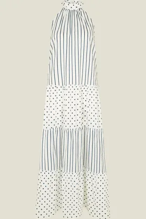 Accessorize Polka Dot Stripe Halter 100% Cotton Maxi Dressmedium