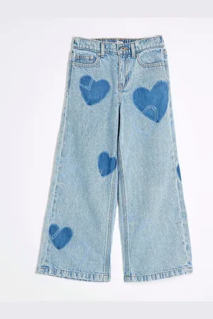 River Island Girls 100% Cotton Heart Patchwork Wide Leg Jeans140146cm