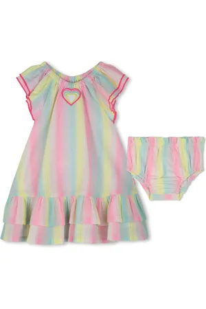 Billieblush Lyserød Stribet Frill Sleeve Flæsekant Baby Kjole Og Bloomer Sæt6874cm