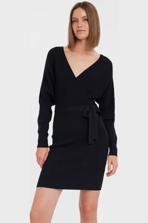 VERO MODA V-Neck Wrap Belted Knitted Jumper Dress36