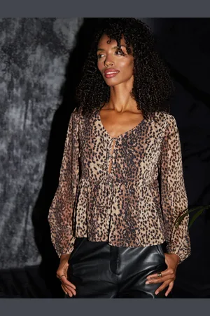 Threadbare Leopard Tryk Chiffon Slips Front Smock Bluser40