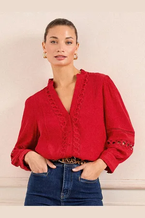 Love & Roses Heart Trim Pintuck Notch Neck Long Sleeve Blouse36