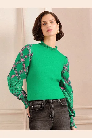 Love & Roses Woven Sleeve Frill Neck Finge Gauge Knitted Jumper44