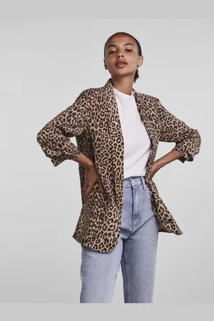 Pieces® Leopard Tryk Relaxed Ruched Sleeve Workwear 100% Cotton Blazer38
