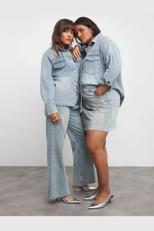 Simply Be Oversized Light Wash Embellished Denim Skjorter46
