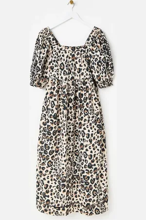 Oliver Bonas Leopard Print Embroidered Puff Sleeve 100% Cotton Midi Dress40