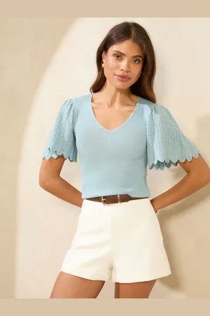 Lipsy London Wave Detail Angel Short Sleeve V-Neck Metallic Sparkle Knitted Top34
