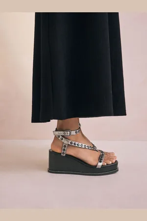 Next Forever Comfort Leather Square Toe Hardware Detail Strappy Wedges