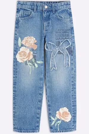 River Island Girls Blue Rose Graffiti Straight 100% Cotton Jeans110116cm