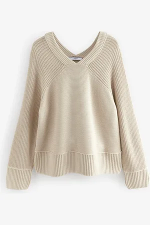 Next Washed Seam Detail Relaxed V-Neck 100% Cotton JumperM Reg