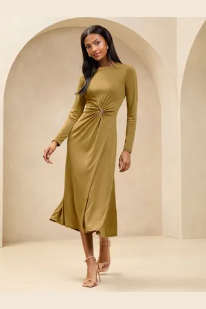 Lipsy London Long Sleeve Jersey Trim Fit and Flare Midi Dress36