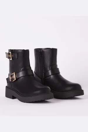 Lipsy London Buckle Biker Faux Leather Flat Ankle Boots