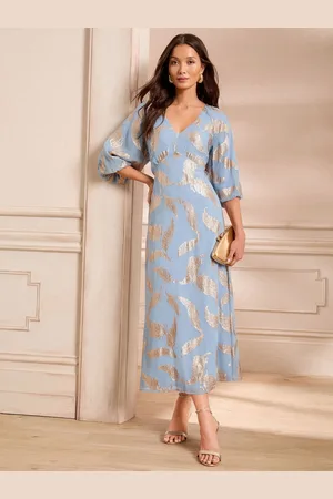 Love & Roses Feather Metallic Puff Sleeve Midi Dress44