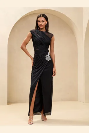 Lipsy London Diamante Floral Trim Mesh Mix Ruched Maxi Dress40