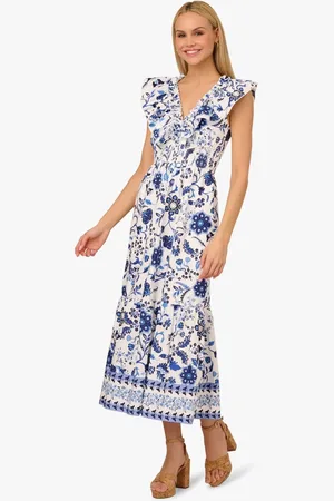 Adrianna Papell Adrianna by Printed Ruffle 100% Cotton White Dress40
