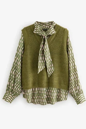 Next Tie Bow Collared Knitted Layer Tank Shirt with WoolL Reg