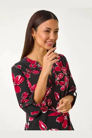 Roman Textured Floral Print V-Neck Stretch Blouses40