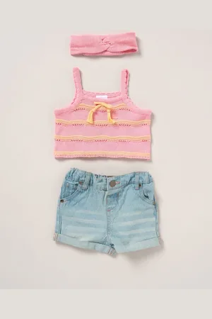 MISS Pink True 100% Cotton Knit Top Shorts and Headband Outfit Set122128cm