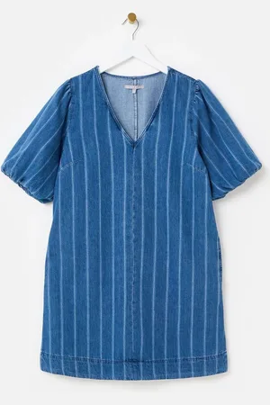Oliver Bonas Mini Denim Striped V-Neck Short Sleeve 100% Cotton Dress36