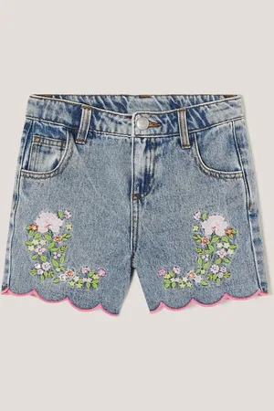 Monsoon Sequin Floral Print Embroidered 100% Cotton Denim Shorts140146cm