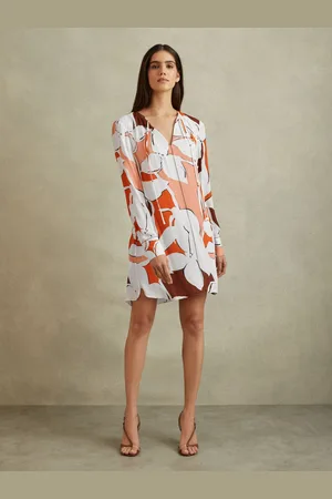 Reiss Tanya Printed Tie Neck Mini Dress