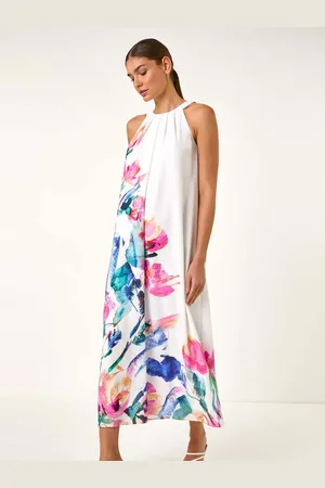 Roman Floral Print Placement Halter Neck Midi Dress40