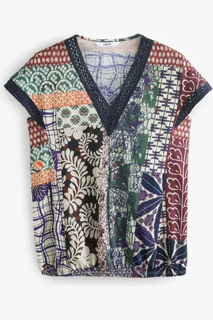 Next Short Sleeve Lace V-Neck Bubblehem 100% Cotton Top46 Høj