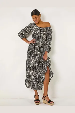Roman Abstract Print Shirred Midi Dress46