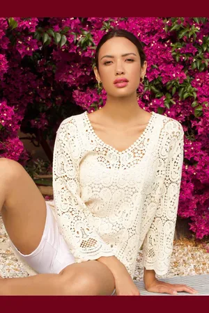 Roman Crochet V-Neck 3/4 Sleeve 100% Cotton Tunic Top48