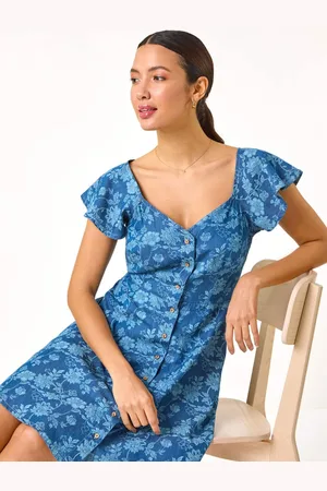 Roman 100% Cotton Denim Print Buttoned Mini Dress38