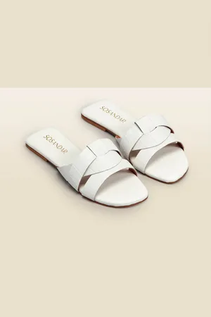 Sosandar Croc Effect Leather Cross Strap Flat Mule Sandals