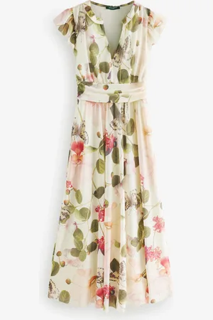 Next Pleated Mesh Floral Print V-Neck Occasion Midi Dress38 Høj