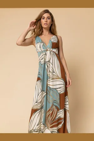 Roman Abstract Leaf Print V Neck Maxi Dress38