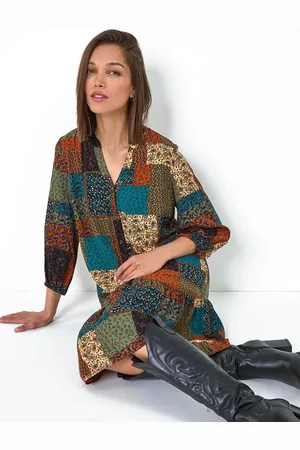 Roman Paisley Patchwork Print V-Neck Smock Dress46