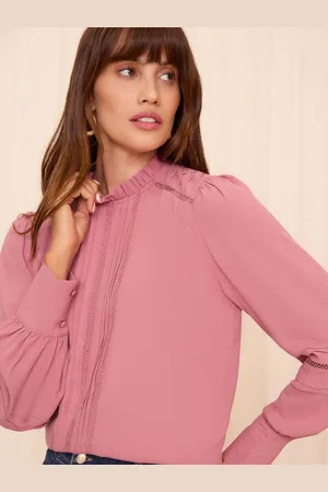 Love & Roses Flæsekant Neck Pintuck Detail Langærmet Bluse