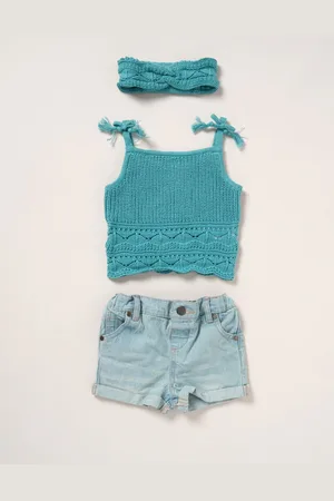 MISS Pink True 100% Cotton Knit Top Shorts and Headband Outfit Set122128cm