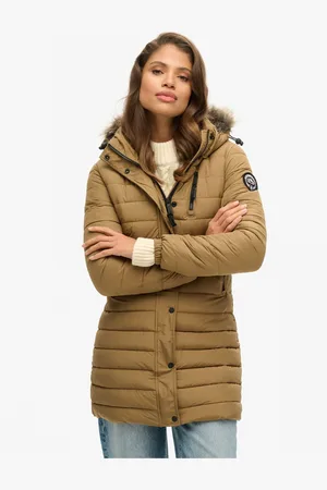 Superdry Faux Fur Med hætte Mid Length Puffer Jakke36