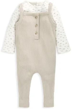 Mamas & Papas Cloud Ribbed 100% Cotton Brown Dungarees and Bodysuit Set50cm