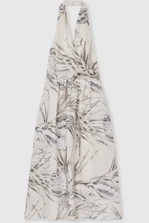 Reiss Carla Linen Palm Print Halterneck Midi Dress38