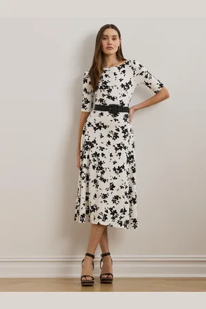 Ralph Lauren White Munzie Monochrome Florals Stretch Jersey Midi Dressxsmall