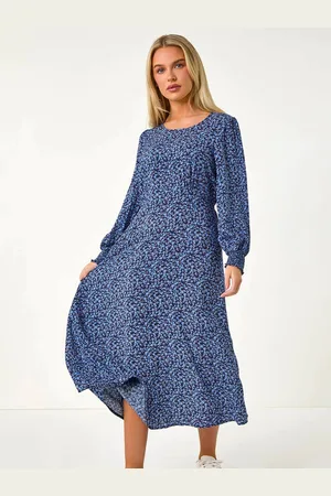 Roman Petite Print Shirred Cuff Midi Dress42