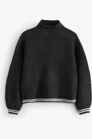Benetton Høj hals Sort Sweater I Fishermans Rib Med Kontrasterende Kanter11 - 12 år (146 - 152cm)