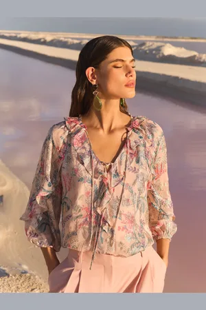 Love & Roses VA Metallic Floral Print 3/4 Sleeve Blouse With Tie Detail40