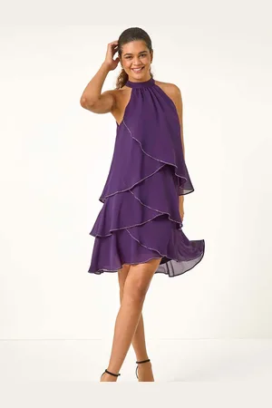 Roman Sequin Trim Tiered Halterneck Dress40