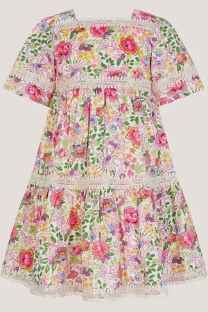 Monsoon Floral Print Short Sleeve Tiered 100% Cotton Dress140146cm