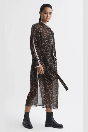 Reiss Aria Polka Dot Tie Neck Midi Dress36